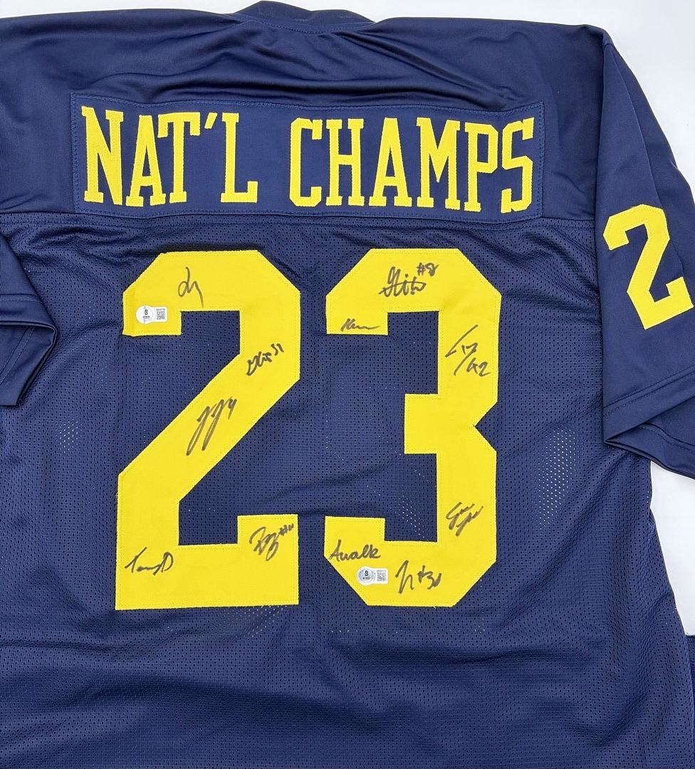 Michigan 2023 National Champs Team Signed Jersey: McCarthy,Doman, McBurrows, Crippen, Berry, El-Hadi, Harris, Guy, Taylor, Rolder, Walker - Beckett COA